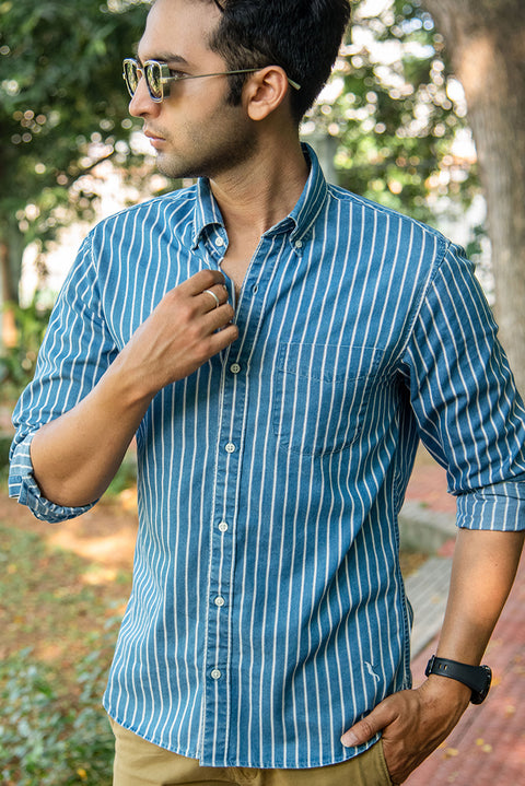 Washed Indigo Striped Denim Shirt