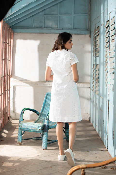 White Schiffli Dress With Sleeves