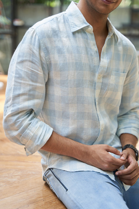 Mens Tonal Blue Plaid Linen Shirt | Premium Linen Shirt | Stylish Shirt For Men | Exclusive Latest Men Casual Shirt