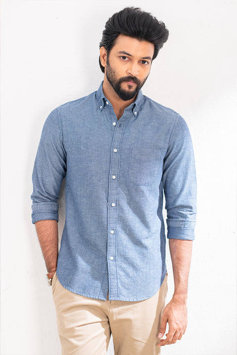 Indigo Herringbone Button Down Shirt