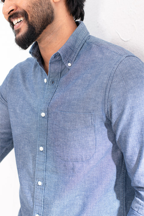 Indigo Herringbone Button Down Shirt