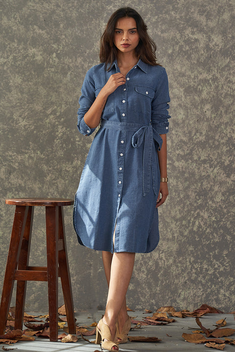 Belted Indigo Shirt Dress Front View