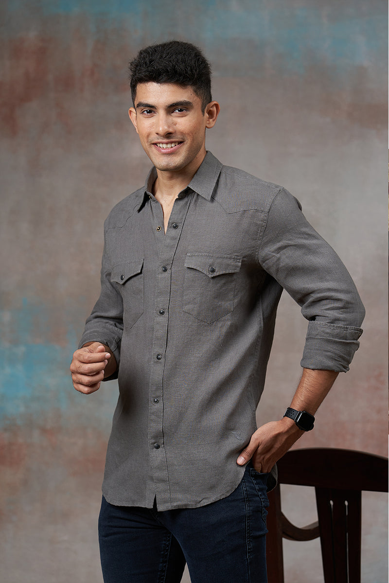 Western Model Warm Grey Linen Shirt