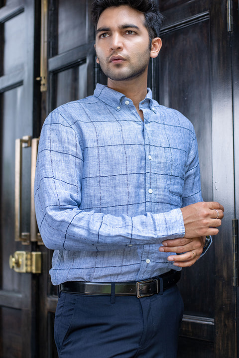 Blue Ridged Checks 100% Linen Shirt